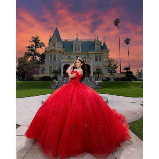 Off Shoulder Vestidos De XV Anos Red Quince Dress Lace Appliques Sweet 15 Gowns Sweetheart Neck Wear Pageant