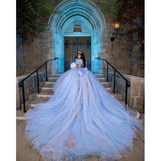 Puff Sleeve Quince Dress Sky Blue Vestidos De 15 Anos Off Shoulder Sweet 15 Gowns Sweetheart Neck Girl Birthday Party Gown With Bow