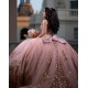 Rose Gold Quinceanera Dress Off Shoulder Sweet 15 Gowns Lace Appliques Wear Pageant Sweetheart Neck 2024 Ball Gown Princess Dresses With Bow