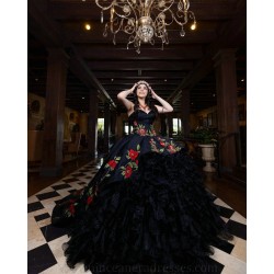 Ruffled Black Quince Dress Sleeveless Vestidos De 15 Anos Embroidered Flowers Women 2024 Ball Gown Sweetheart Birthday Party Dresses