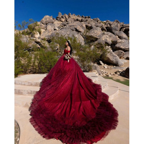 Ruffled Burgundy Quinceanera Dress Sequin Wear Pageant Off Shoulder 2024 Ball Gown Princess Dresses Sweetheart Neck Sweet 15 Gowns