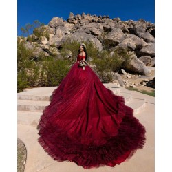 Ruffled Burgundy Quinceanera Dress Sequin Wear Pageant Off Shoulder 2024 Ball Gown Princess Dresses Sweetheart Neck Sweet 15 Gowns