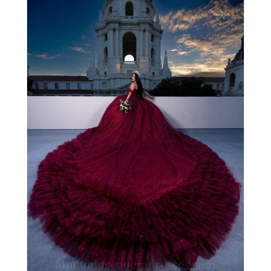 Ruffled Burgundy Quinceanera Dress Sweetheart Neck Sweet 15 Gowns Wear Pageant Off Shoulder 2024 Ball Gown Princess Dresses