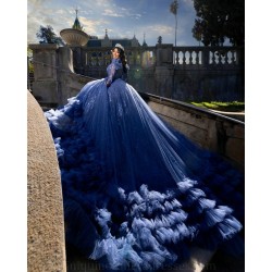 Ruffled Royal Blue Quince Dress Lace Appliques Long Sleeve Birthday Party Gowns V Neck Vestidos De 15 Anos