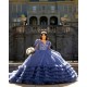 Ruffled Royal Blue Quince Dress Lace Appliques Long Sleeve Birthday Party Gowns V Neck Vestidos De 15 Anos