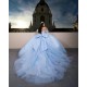 Sheer Bodice Girl Birthday Party Gown Sky Blue Quince Dress Off Shoulder Vestidos De 15 Anos Lace Appliques Sweetheart Neck Wear Pageant With Bow