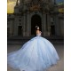 Sheer Bodice Girl Birthday Party Gown Sky Blue Quince Dress Off Shoulder Vestidos De 15 Anos Lace Appliques Sweetheart Neck Wear Pageant With Bow