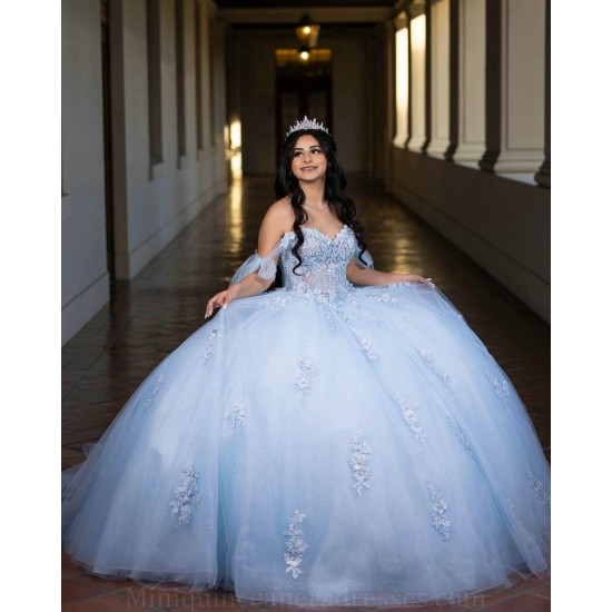 Sheer Bodice Girl Birthday Party Gown Sky Blue Quince Dress Off Shoulder Vestidos De 15 Anos Lace Appliques Sweetheart Neck Wear Pageant With Bow