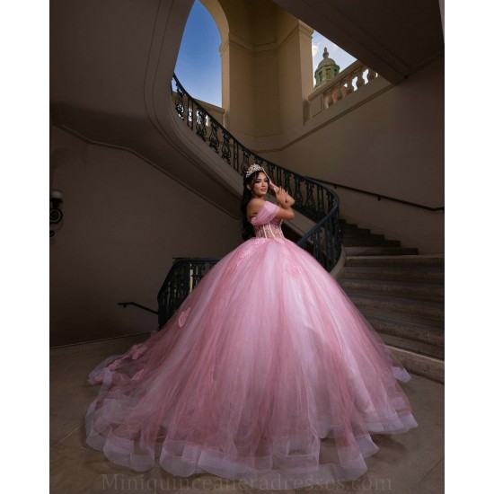 Sheer Bodice Pink Quinceanera Dress Spaghetti Strap Women 2024 Ball Gown Off Shoulder Vestidos De 15 Anos Sweetheart Neck Wear Pageant