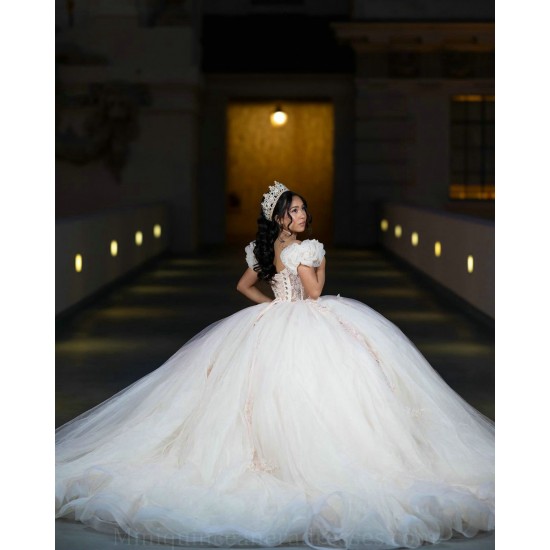 Sheer Bodice Quince Dress Champagne Vestidos De 15 Anos Lace Appliques Sweetheart Neck Women 2024 Ball Gown Off The Shoulder Birthday Party Dresses