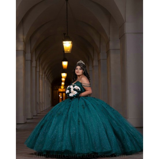 Sleeveless Emerald Green Quince Dress Lace Appliques Sequin Sweet 15 Prom Party Gowns Sweetheart Neck Vestidos De 15 Anos