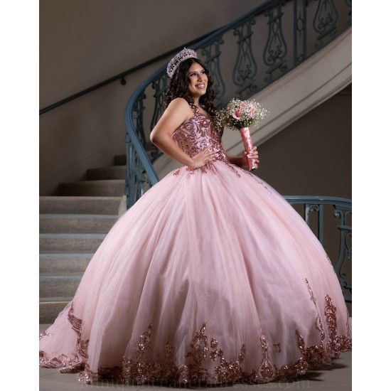 Sleeveless Sweet 15 Gowns Rose Gold Quinceanera Dress Lace Appliques Wear Pageant V Neck 2024 Ball Gown Princess Dresses