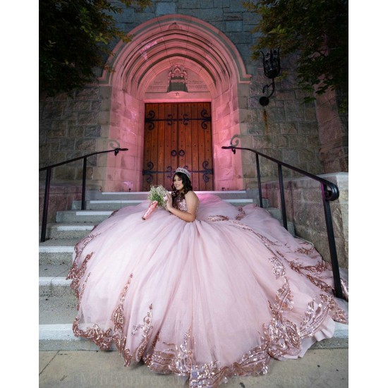 Sleeveless Sweet 15 Gowns Rose Gold Quinceanera Dress Lace Appliques Wear Pageant V Neck 2024 Ball Gown Princess Dresses