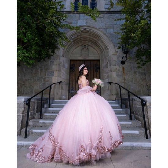 Sleeveless Sweet 15 Gowns Rose Gold Quinceanera Dress Lace Appliques Wear Pageant V Neck 2024 Ball Gown Princess Dresses