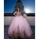 Sleeveless Sweet 15 Gowns Rose Gold Quinceanera Dress Lace Appliques Wear Pageant V Neck 2024 Ball Gown Princess Dresses