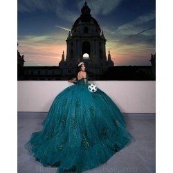 Strapless Emerald Green Quince Dress Sleeveless Birthday Party Gowns Lace Appliques Sweetheart Neck Vestidos De 15 Anos