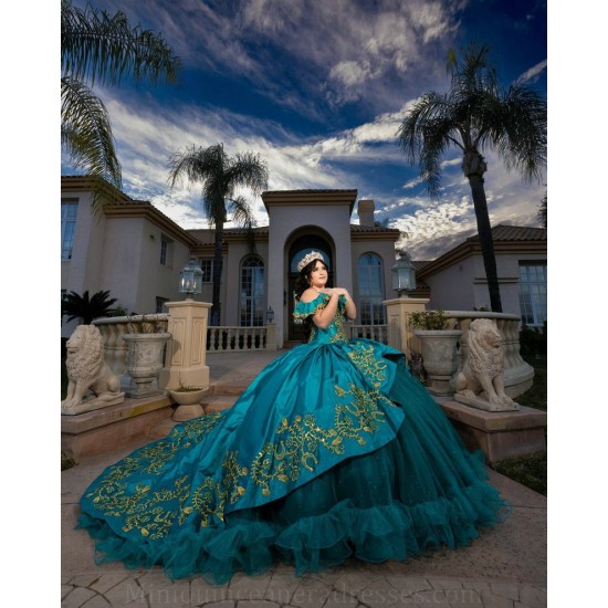 Sweet 15 Gowns Emerald Green Quince Dress Off Shoulder Vestidos De 15 Anos Lace Appliques Sweetheart Neck Girl Birthday Party Gown