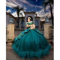 Sweet 15 Gowns Emerald Green Quince Dress Off Shoulder Vestidos De 15 Anos Lace Appliques Sweetheart Neck Girl Birthday Party Gown