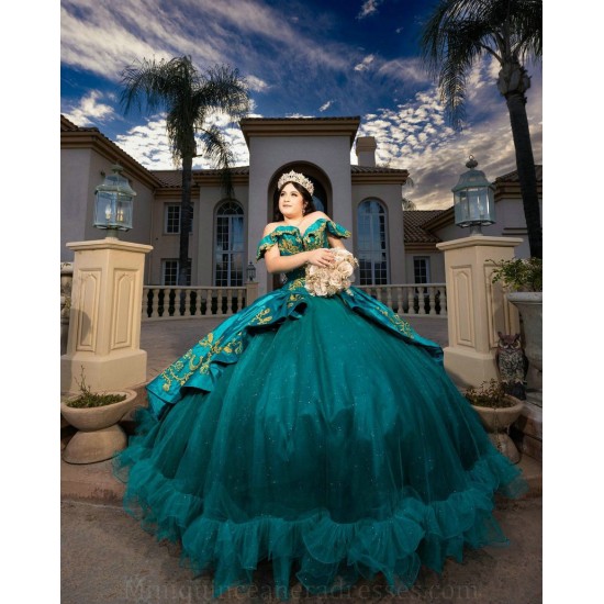 Sweet 15 Gowns Emerald Green Quince Dress Off Shoulder Vestidos De 15 Anos Lace Appliques Sweetheart Neck Girl Birthday Party Gown