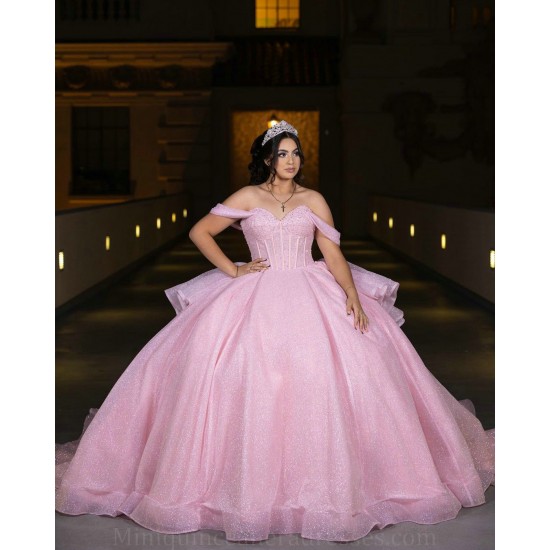 Sweetheart Neck Pink Quince Dress Sequin Pearl Sweet 15 Prom Party Dresses Off Shoulder Vestidos De 15 Anos