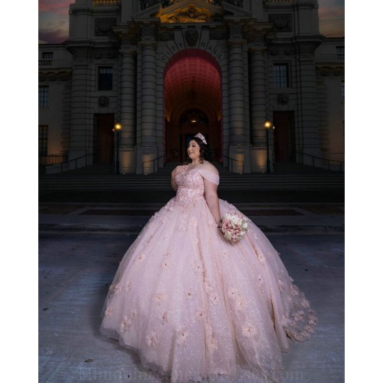 Sweetheart Neck Pink Quinceanera Dress Off Shoulder Vestidos De 15 Anos Sequin Women 2024 Ball Gown With 3D Flowers