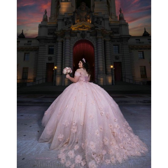 Sweetheart Neck Pink Quinceanera Dress Off Shoulder Vestidos De 15 Anos Sequin Women 2024 Ball Gown With 3D Flowers