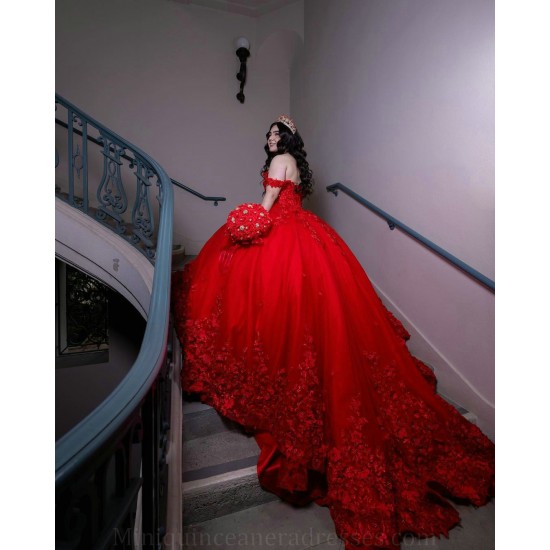 Sweetheart Neck Red Quince Dress Lace Appliques Sweet 15 Gowns Instagram Dresses Off Shoulder Vestidos De XV Anos