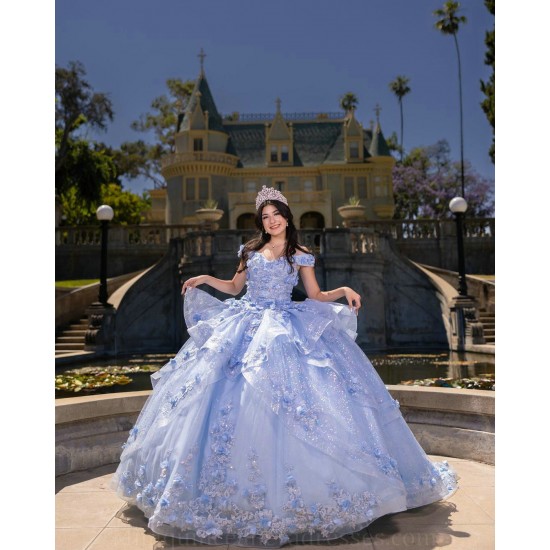 Sweetheart Neck Sweet 15 Gowns Sky Blue Quinceanera Dress 3D Flowers  Wear Pageant Off Shoulder 2024 Ball Gown Princess Dresses