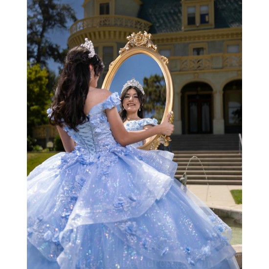 Sweetheart Neck Sweet 15 Gowns Sky Blue Quinceanera Dress 3D Flowers  Wear Pageant Off Shoulder 2024 Ball Gown Princess Dresses