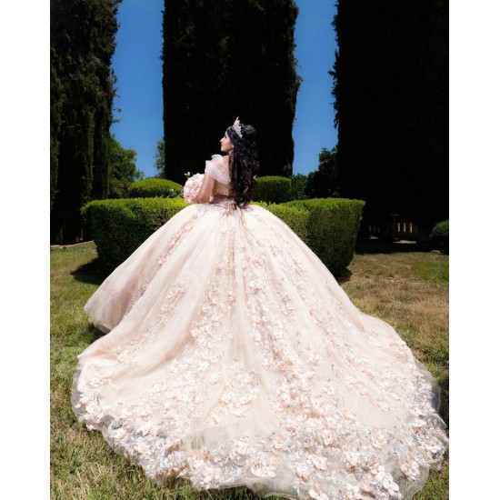 V Neck Champagne Quince Dress Off The Shoulder Women 2024 Ball Gown Crystal Vestidos De 15 Anos With 3D Flowers