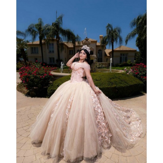 V Neck Champagne Quince Dress Off The Shoulder Women 2024 Ball Gown Crystal Vestidos De 15 Anos With 3D Flowers