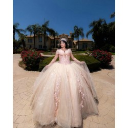 V Neck Champagne Quince Dress Off The Shoulder Women 2024 Ball Gown Crystal Vestidos De 15 Anos With 3D Flowers