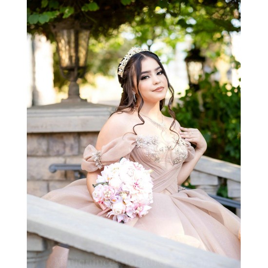 Champagne Quince Dress Off Shoulder Sweet 15 Gowns Lace Appliques Sweetheart Neck Vestidos De 15 Anos