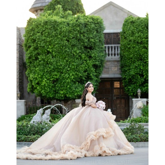 Champagne Quince Dress Off Shoulder Sweet 15 Gowns Lace Appliques Sweetheart Neck Vestidos De 15 Anos