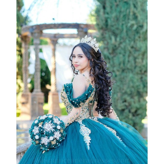 Long Sleeve Emerald Green Quince Dress Ruffled Sweet 15 Gowns Sweetheart Neck Vestidos De 15 Anos