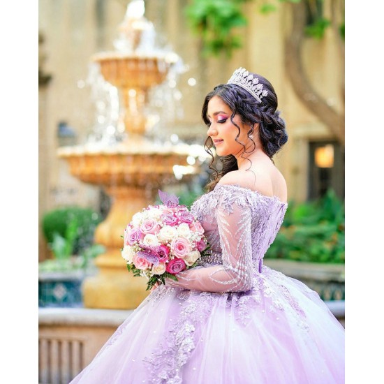 Long Sleeve Quinceanera Dress Lilac Birthday Party Gown Lace Appliques Sweetheart Neck Vestidos De 15 Anos