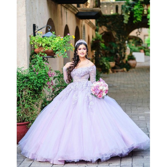 Long Sleeve Quinceanera Dress Lilac Birthday Party Gown Lace Appliques Sweetheart Neck Vestidos De 15 Anos