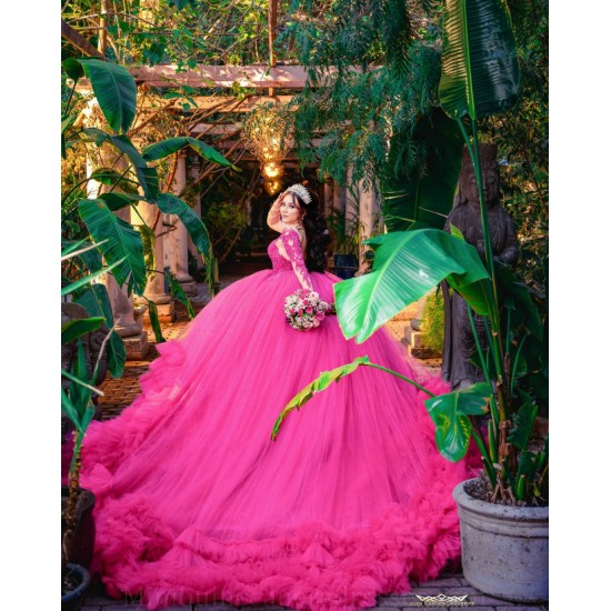 Long Sleeve Ruffled Quince Dress Fuchsia Vestidos De 15 Anos Sweetheart Neck Birthday Party Dress