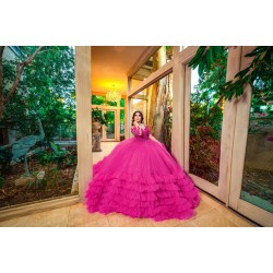 Long Sleeve Ruffled Quince Dress Fuchsia Vestidos De 15 Anos Sweetheart Neck Birthday Party Dress