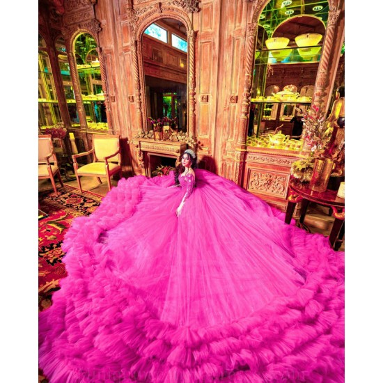 Long Sleeve Ruffled Quince Dress Fuchsia Vestidos De 15 Anos Sweetheart Neck Birthday Party Dress