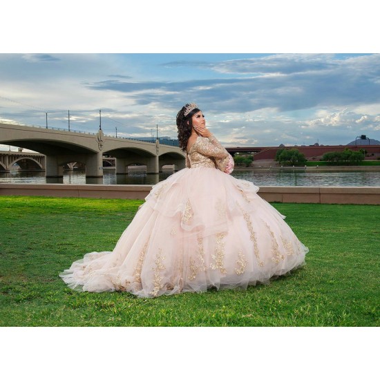 Long Sleeve Sweet 15 Gowns Rose Gold Quince Dress Sweetheart Neck 15 Birthday Party Gowns Lace Appliques Vestidos De XV Anos