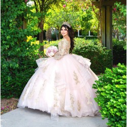 Long Sleeve Sweet 15 Gowns Rose Gold Quince Dress Sweetheart Neck 15 Birthday Party Gowns Lace Appliques Vestidos De XV Anos