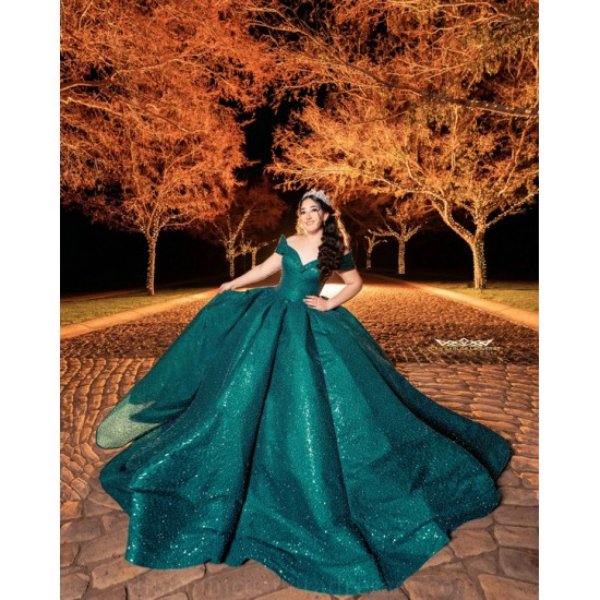 Off Shoulder Emerald Green Vestidos De 15 Anos Lace Appliques Quince Dress Sequin Sweetheart Neck Women 2024 Ball Gown