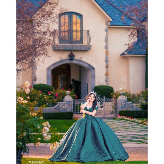 Off Shoulder Emerald Green Vestidos De 15 Anos Lace Appliques Quince Dress Sequin Sweetheart Neck Women 2024 Ball Gown