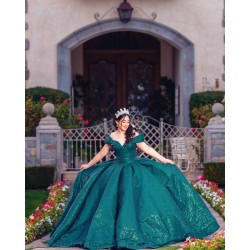 Off Shoulder Emerald Green Vestidos De 15 Anos Lace Appliques Quince Dress Sequin Sweetheart Neck Women 2024 Ball Gown