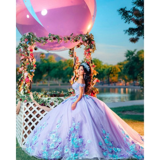 Off Shoulder Lilac Vestidos De 15 Anos 3D Flowers Quince Dresses Sweetheart Neck Birthday Party Gowns