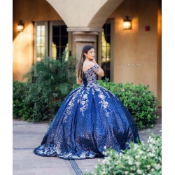 Off Shoulder Navy Blue Quince Dress Sequin Sweetheart Neck Vestidos De XV Anos Lace Appliques 15 Birthday Party Gowns