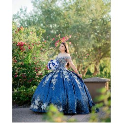 Off Shoulder Navy Blue Quince Dress Sequin Sweetheart Neck Vestidos De XV Anos Lace Appliques 15 Birthday Party Gowns