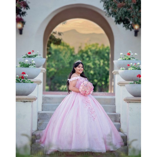 Off Shoulder Pink Quince Dress Sweetheart Neck Vestidos De XV Anos 3D Flowers 15 Birthday Party Gowns