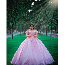 Off Shoulder Pink Quince Dress Sweetheart Neck Vestidos De XV Anos 3D Flowers 15 Birthday Party Gowns